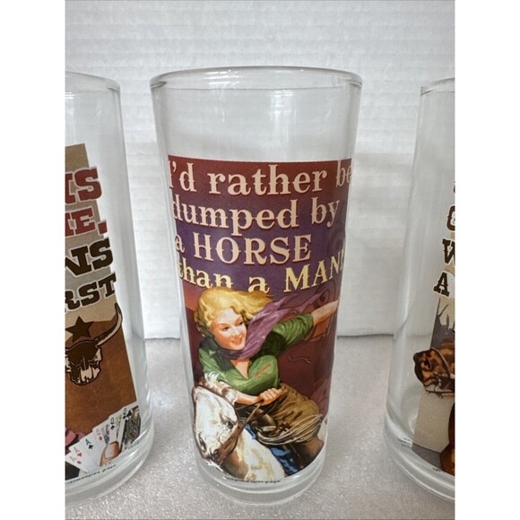 Set Of 3 Tall Funny Cowgirl Glasses  6 Inches Tall Each Glass Highball - Picture 3 of 10
